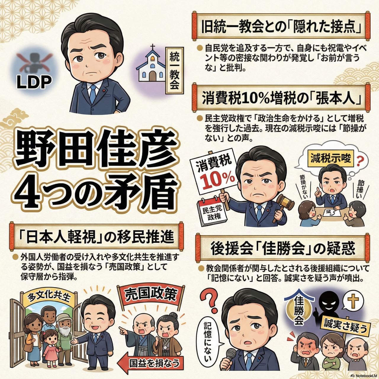 野田佳彦への厳しい指摘：統一教会・消費税・佳勝会・移民政策に集まる批判の深層