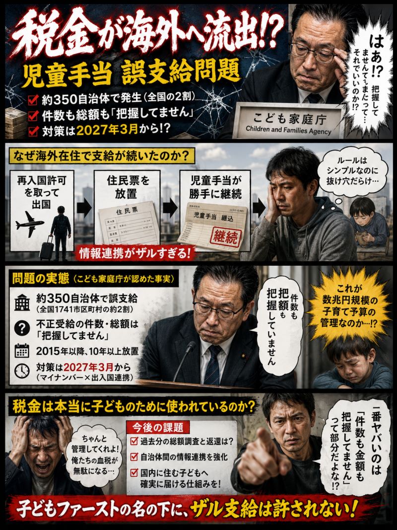 児童手当 海外在住 誤支給問題 | 自治体2割で発生、こども家庭庁「件数も総額も把握してません」