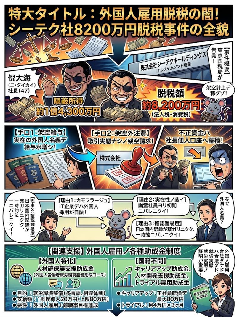 【外国人雇用脱税】シーテク社8200万円脱税事件の架空給与・外注費手口と助成金制度の闇