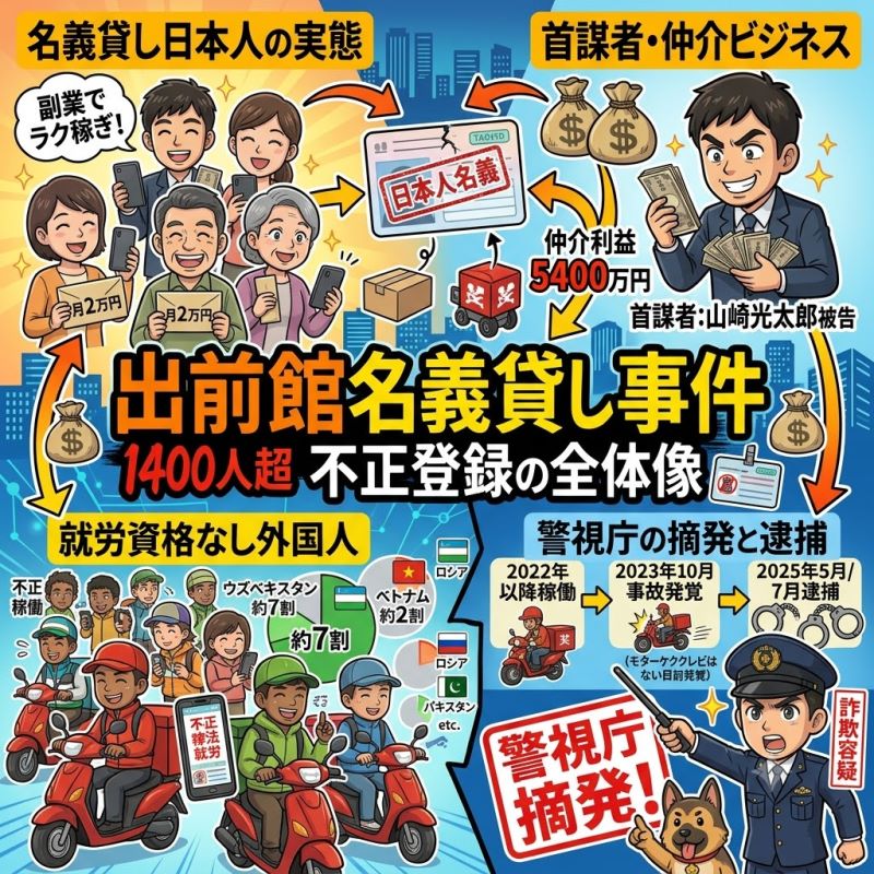 出前館の名義貸し事件｜就労資格なし外国人1400人が配達員に？警察摘発の全貌