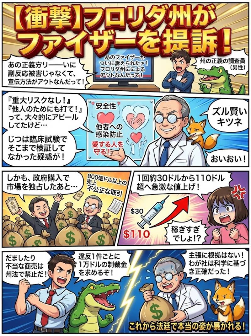 フロリダ州がファイザーを提訴。コロナワクチンのビジネスの卑劣な販売